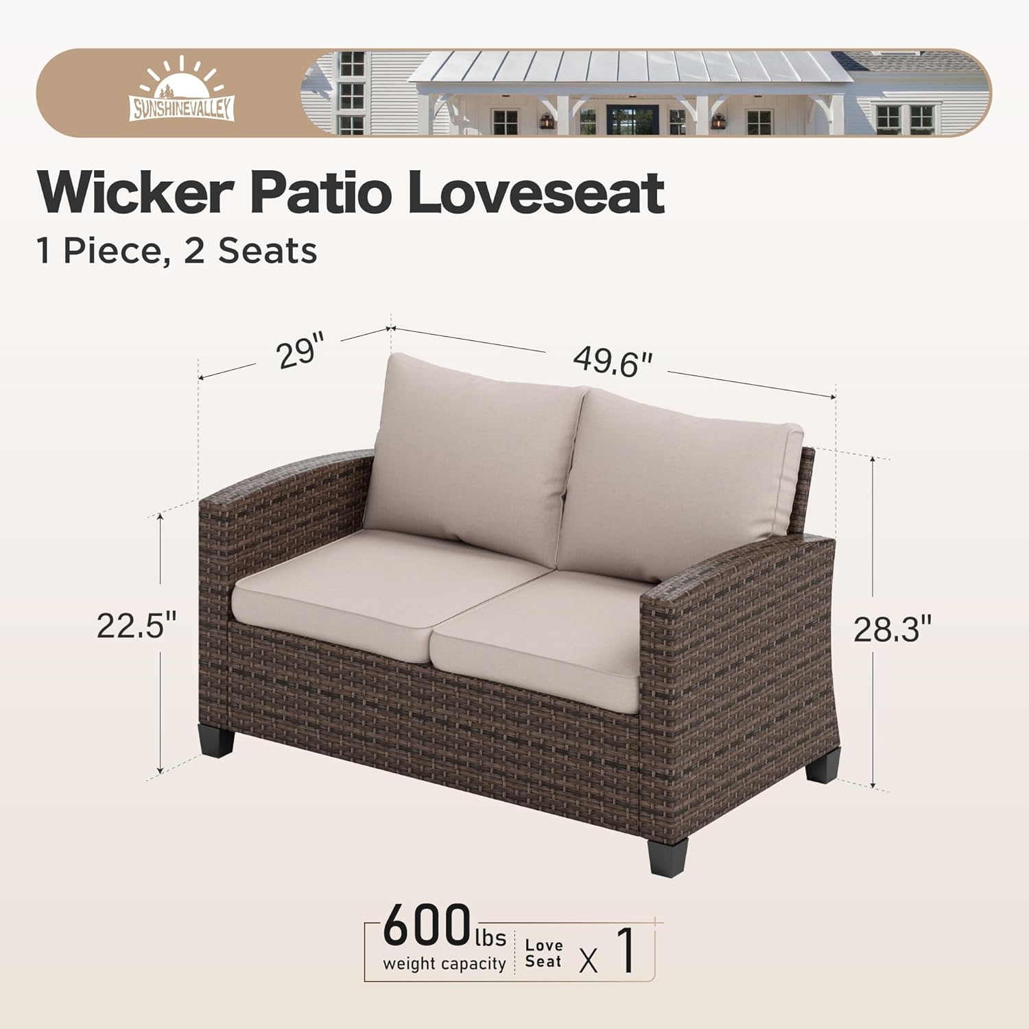 SUNSHINE VALLEY Loveseat Patio Sofa，Outdoor 2-seat Wicker Rattan Patio Sofa，Outdoor Brown Premium Patio Furniture with 4" Thick Cushions for Garden,Lawn, Backyard,Beige