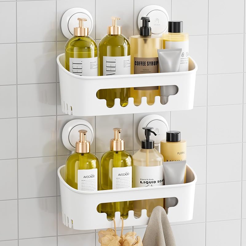 Shower Caddy Suction Cup 2 Pack, Heavy Duty Bathroom Organizer, Removable Shelves for Inside Shower, Shampoo, Waterproof Suction Plastic Storage for Bathroom Accessories Holder, White | Heavy Duty, Removable Inside Shower, Shampoo, Waterproof Plastic Storage, Rustproof Accessories