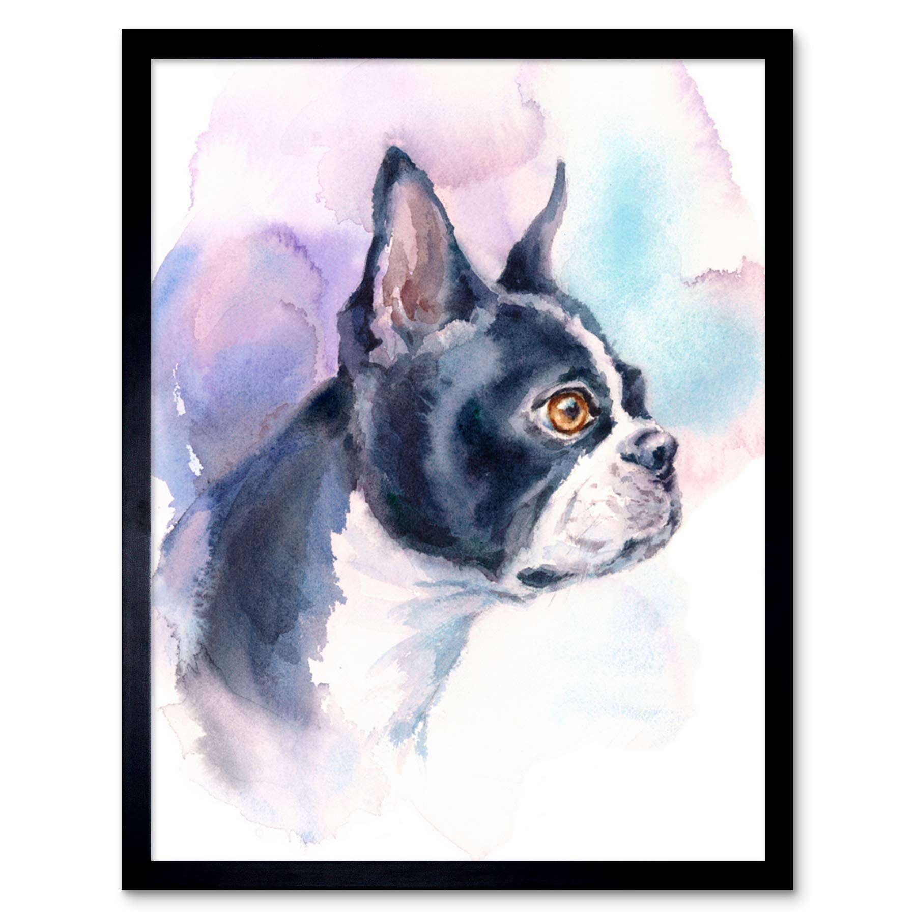 Wee Blue Coo Dog Boston Terrier Watercolour Art Print Framed Wall Decor 9X7 inch