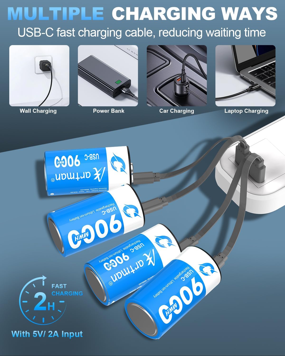 Artman Rechargeable Lithium C Batteries 4 Pack, 1.5V C Cell Batteries with 2 in 1 USB-C Charging Cable, 9000mWh High Capacity Size C Li-ion Battery for Floodlight Toys, Recharge up to 1200+ Cycles