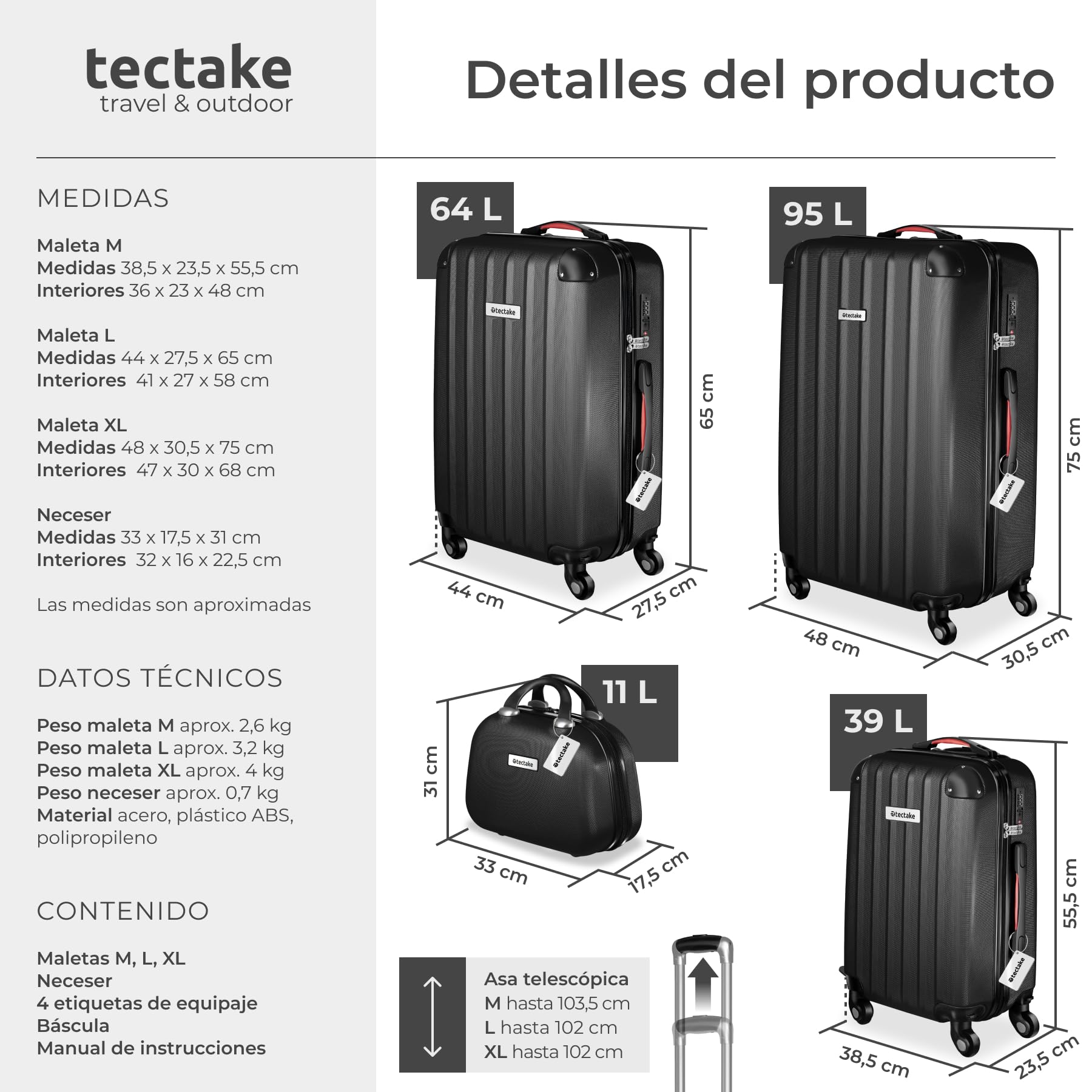tectake® Juego de 4 Maletas Rígidas con Báscula y Etiquetas de Equipaje, 3 Trolleys y 1 Neceser, Set de Maletas de Viaje con Ruedas de 360º, Cerradura de Combinación, Apilables Entre sí - Negro