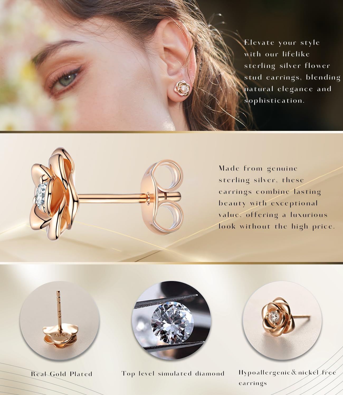 Gold Plated Sterling Silver Rose Flower Earring Studs, Hypoallergenic & Nickel Free Earrings for Women - Image 3