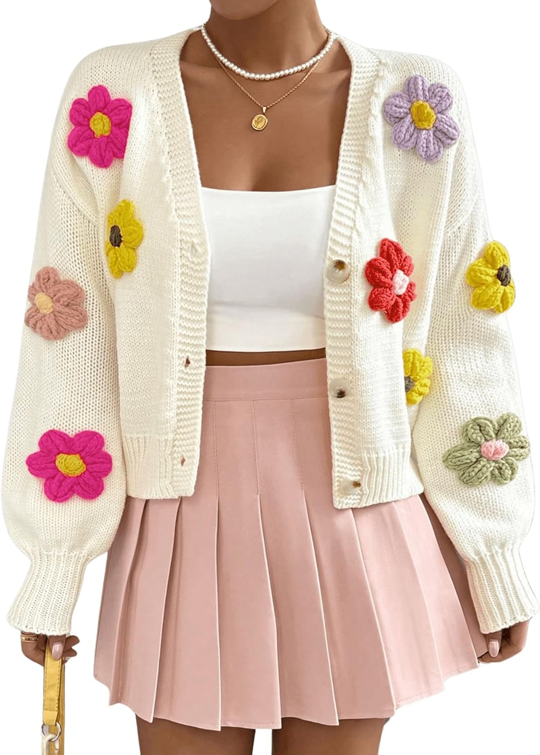 SHENHE Women's Button Down Flower Cardigan V Neck Open Front Knit Crop Cardigan Sweater - Image 3