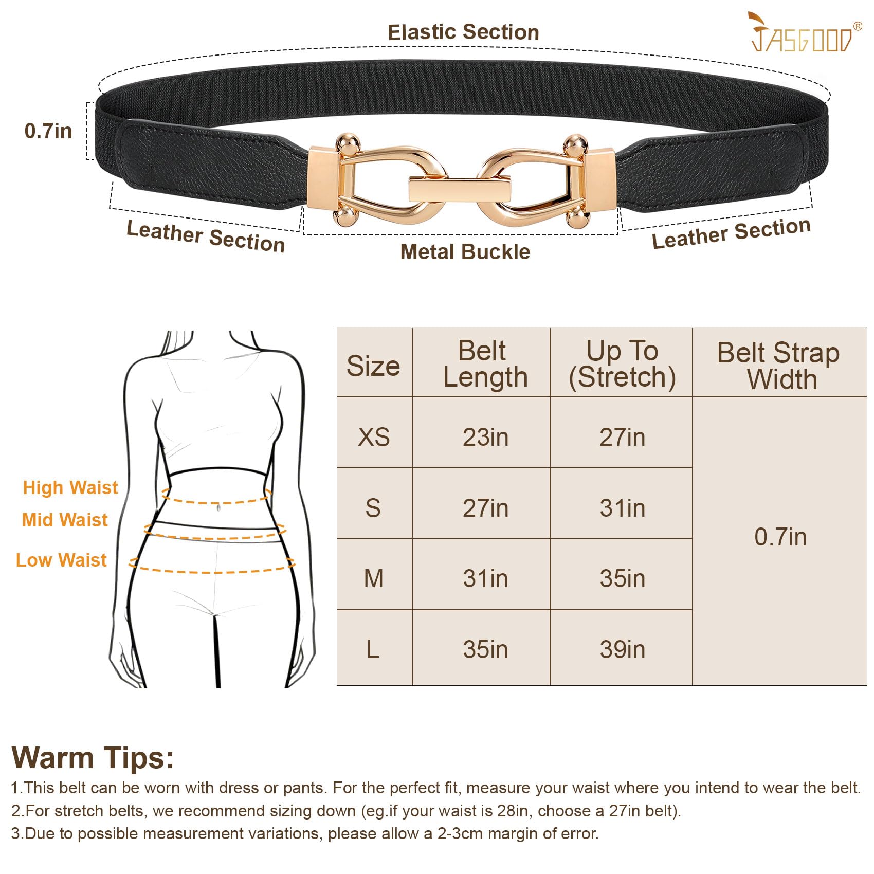 JASGOOD Ceinture en cuir noir pour femme avec boucle ardillon en métal