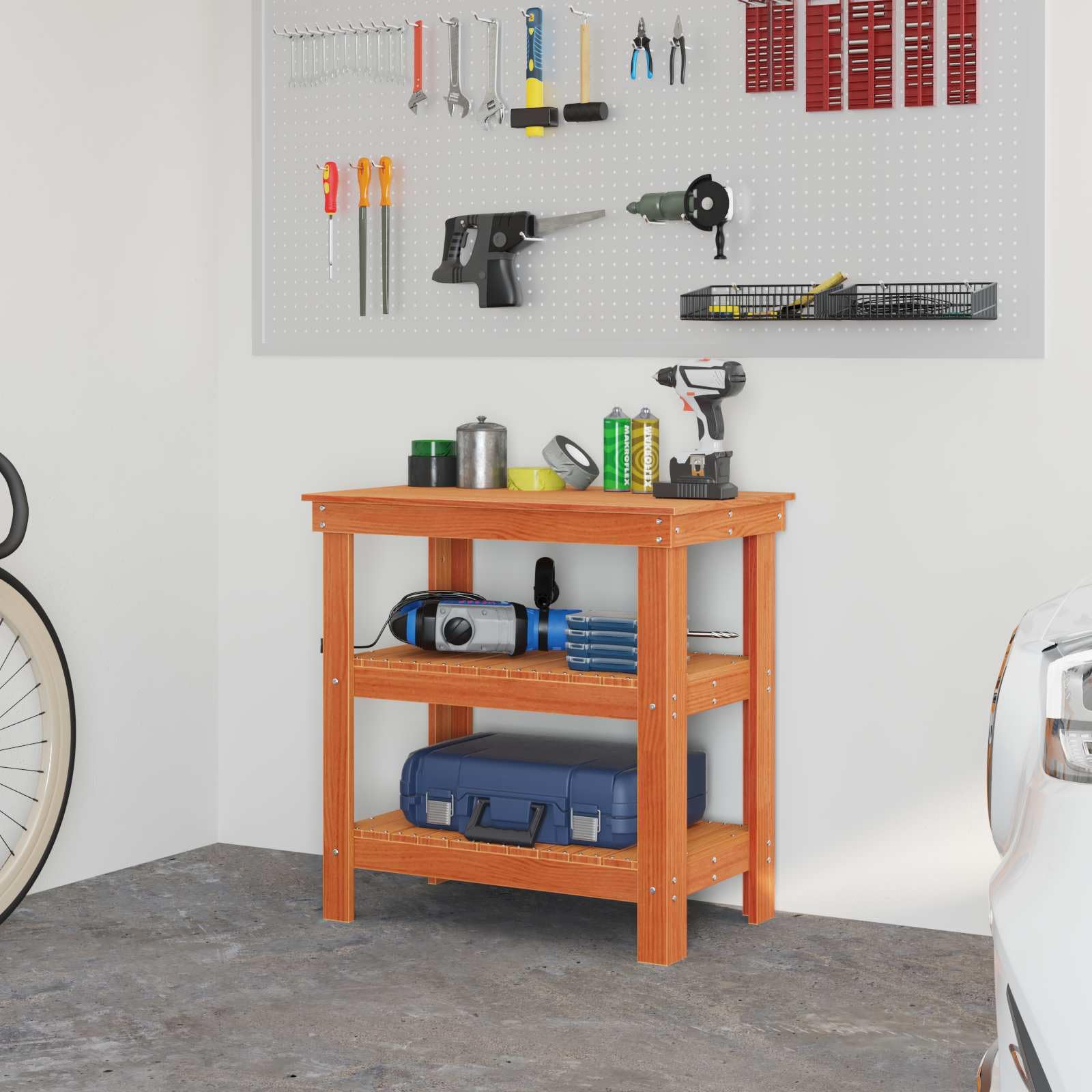 Banco da lavoro marrone cerato in legno di pino massiccio, 78,5 x 50 x 80 cm, con 2 ripiani, tavolo da lavoro ideale per officina, garage, hobby e bricolage, piano di lavoro robusto