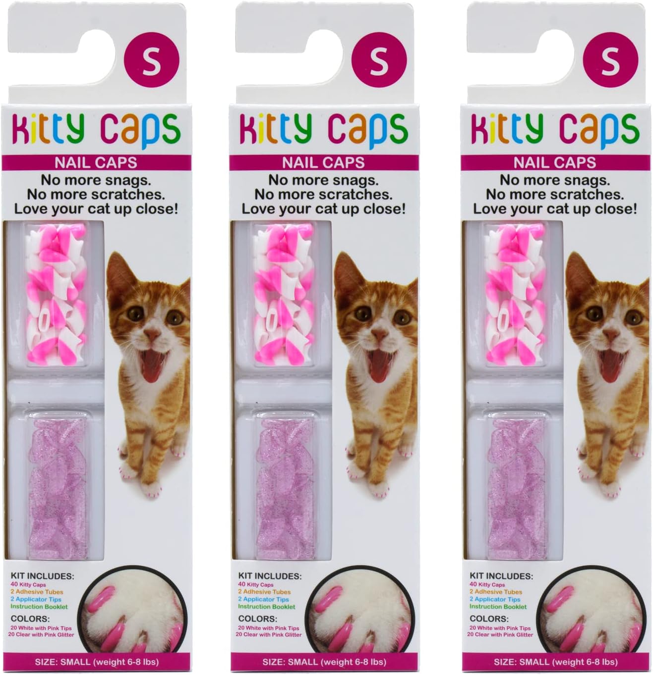Kitty Caps Nail Caps for Cats | Safe, Stylish & Humane Alternative to Declawing | Stops Snags and Scratches, Medium (9-13 lbs), White with Pink Tips & Clear with Pink Glitter - 24 Pack