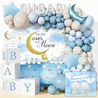 Over the Moon Baby Shower Decorations – 125 PCs Moon and Star Themed Party Supplies with Balloon Garland, Cake Topper, Backdrop, Tablecloth, Moon & Star Foil Balloon, Sash, Badge