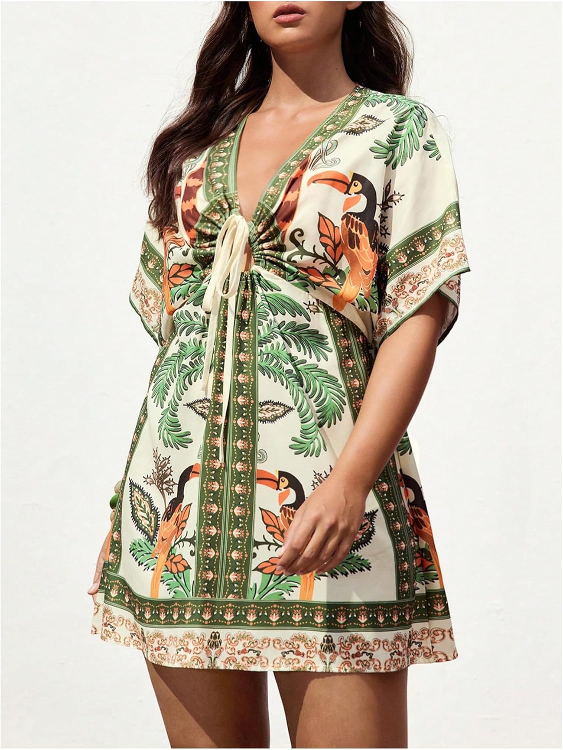 Floerns Women's Plus Size Boho Floral Deep V Neck A Line Dress Cut Out Flowy Beach Short Dresses - Image 4