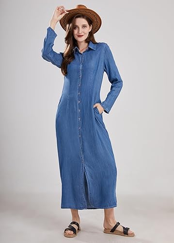 Miniatura 7 de utcoco Vestido largo casual de mezclilla con botones para mujer, con solapa, manga larga, con bolsillos