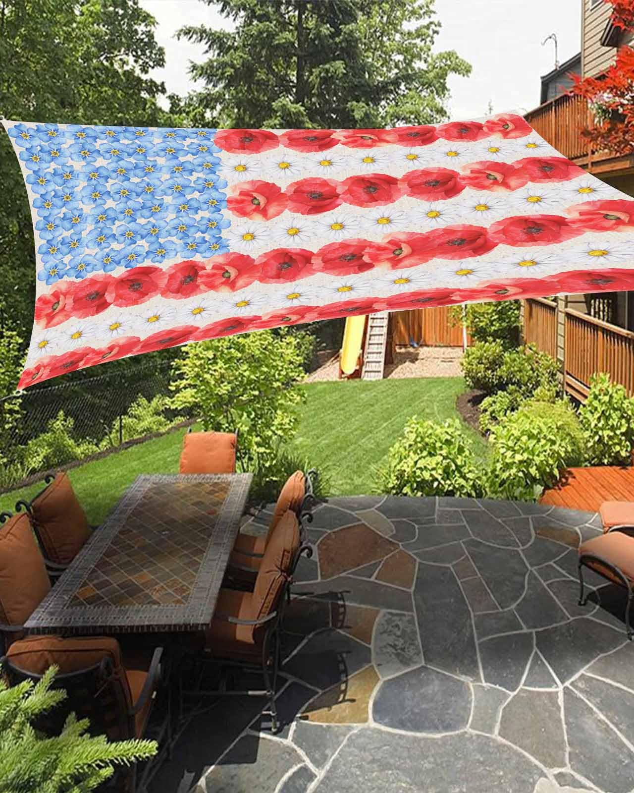 Boanket Sun Shade Sail 8' x 10', Spring Floral Rectangular Waterproof Outdoor Sun Shades, 4th of July Blue White Red Botanical Flower Shade Cloth for Patio Deck Terrace Garden Lawns Beach Backyard