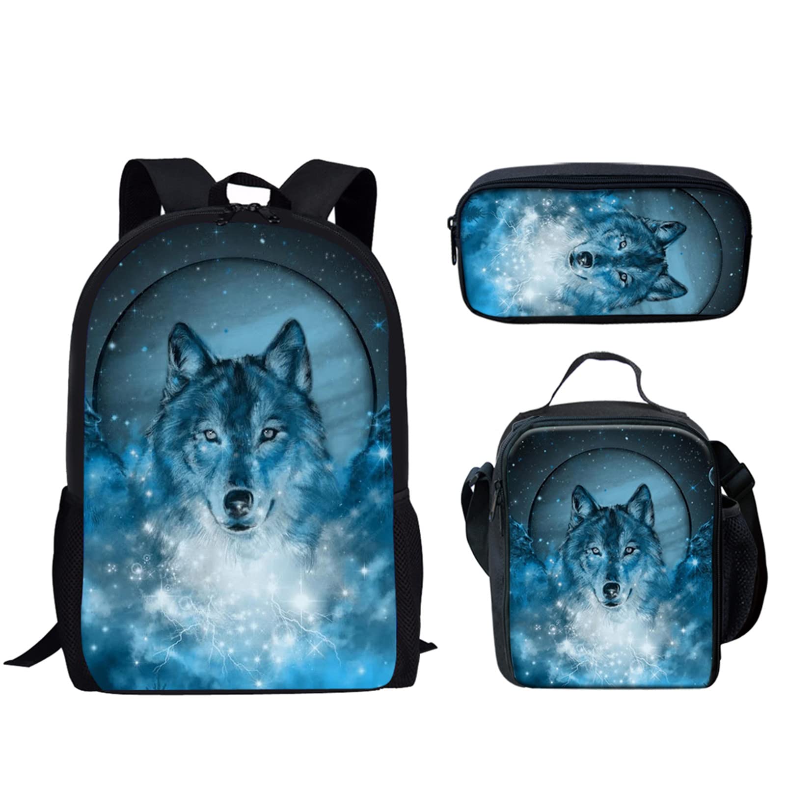 Belidome Sac à dos d'école pour enfants, sac à déjeuner, trousse à crayons pour garçons et filles - Grande taille, Motif loup., Taille unique, Ensemble cartable
