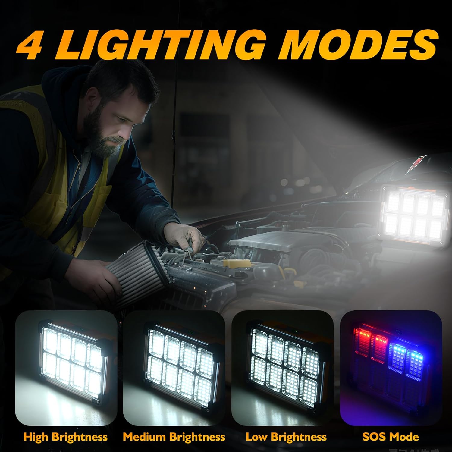 120W Solar Rechargeable Work Light, 144 LED 10000LM Led Work Light with 4 Modes, Portable Flood Light with Stand, IP66 Waterproof Outdoor Working Light for Emergency Mechanic Camping Repair (Yellow) - Image 3