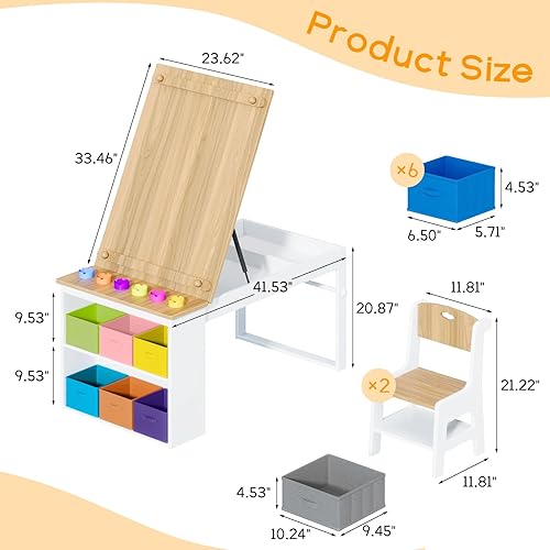 Miniatura 9 de Mesa y sillas de arte para niños, mesa de manualidades y 2 sillas con papel en rollo, escritorio de actividades grande con 6 vasos de pintura