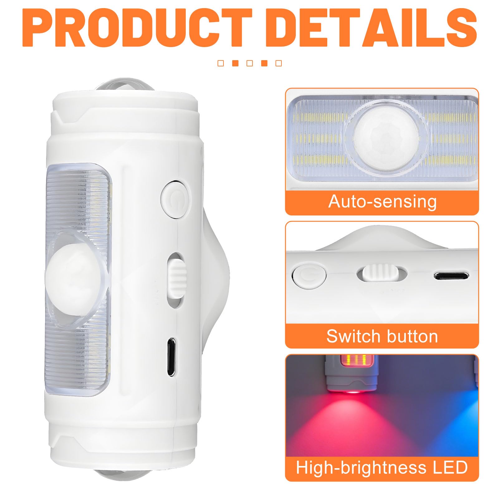 Veilleuse avec détecteur de mouvement, 7 couleurs RVB, intensité variable, détecteur de mouvement avec pad magnétique, 3 modes (Auto/ON/OFF), lampe murale sans fil rechargeable pour escalier, chambre