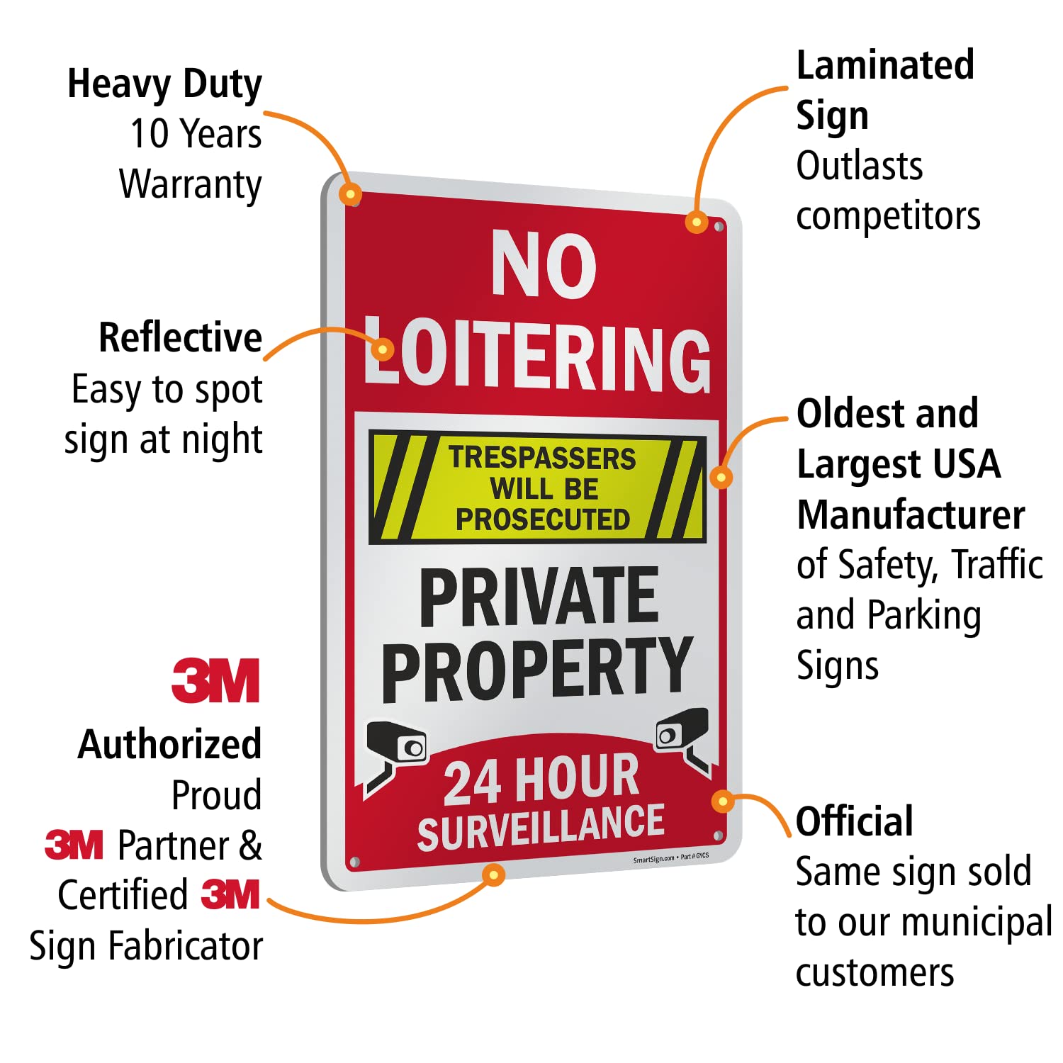 SmartSign 18" x 12" 'No Loitering - Trespassers Will Be Prosecuted, Private Property, 24 Hour Surveillance' Metal Sign, 63 mil Aluminum, 3M Laminated Engineer Grade Reflective, USA-Made
