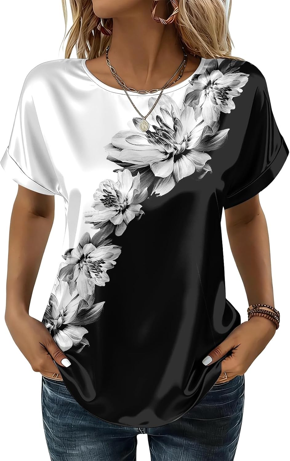 Spring Tops for Women 2026 Trendy Short Sleeve Dressy Casual Shirts Loose Fit Crew Neck Satin Blouses Work Outfits