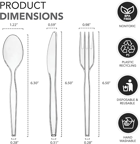 Miniatura 2 de Party Essentials Juego de cubiertos de plástico de peso medio, incluye cuchillos, tenedores, cucharas, 300 piezas100 lugares, transparente