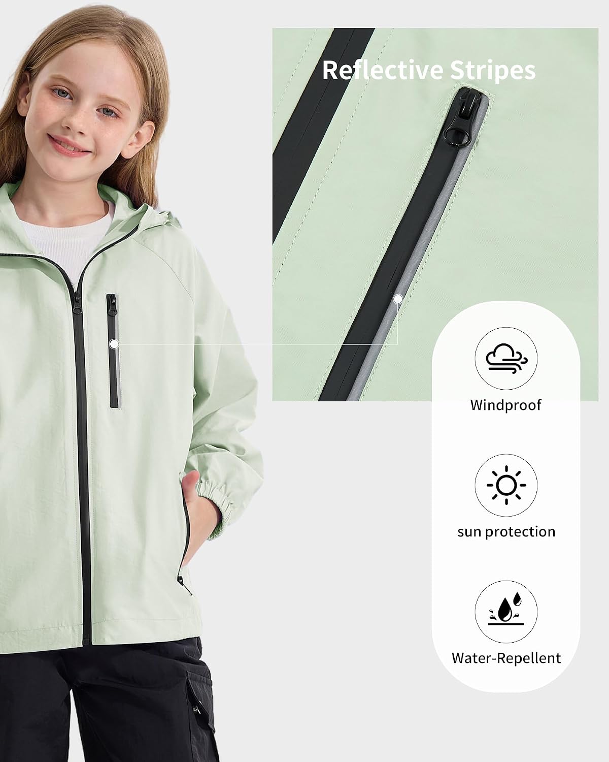 Rolanko Girls Rain Jacket Lightweight Waterproof Hooded Kids Raincoat 6-16 | Kids Windbreaker, Water-Repellent, Sealed Zip Pockets, Reflective Strips, Extended Hood, Outdoor, School Daily, Travel