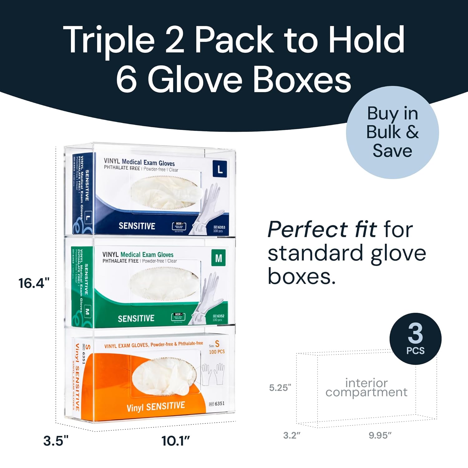 SimplyImagine Acrylic Gloves Box Dispenser - Glove Holder for Wall Mount - Bathroom Wall Storage - Organizer for Kitchen - Acrylic Lab Dispensers & Lab Organizer (Triple, Pack of 2)