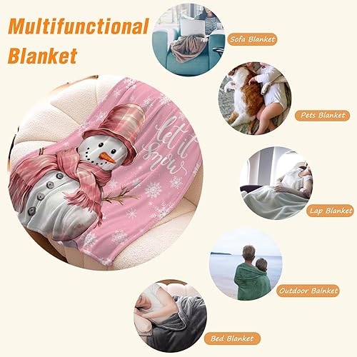 Miniatura 4 de YeeJu Manta grande de Navidad rosa con diseño de muñeco de nieve para sofá, cama, suave, acogedora, ligera, mullida y afelpada, manta de forro polar
