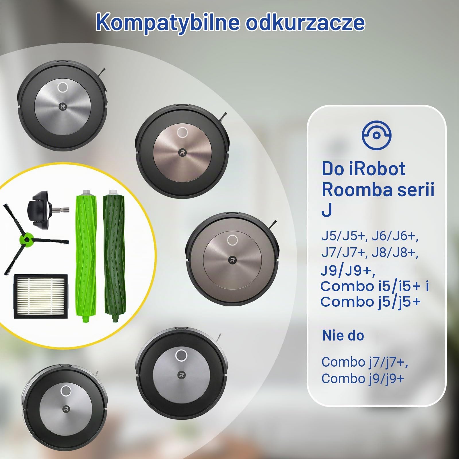 Części zamienne akcesoria do iRobot Roomba seria J J5 J5+ J6 J6+ J7 J7+ J8 J8+ J9 J9+ robot odkurzacz, 1 szczotka główna, 5 czarnych szczotek bocznych, 5 filtrów, 1 przednie koło skrętne