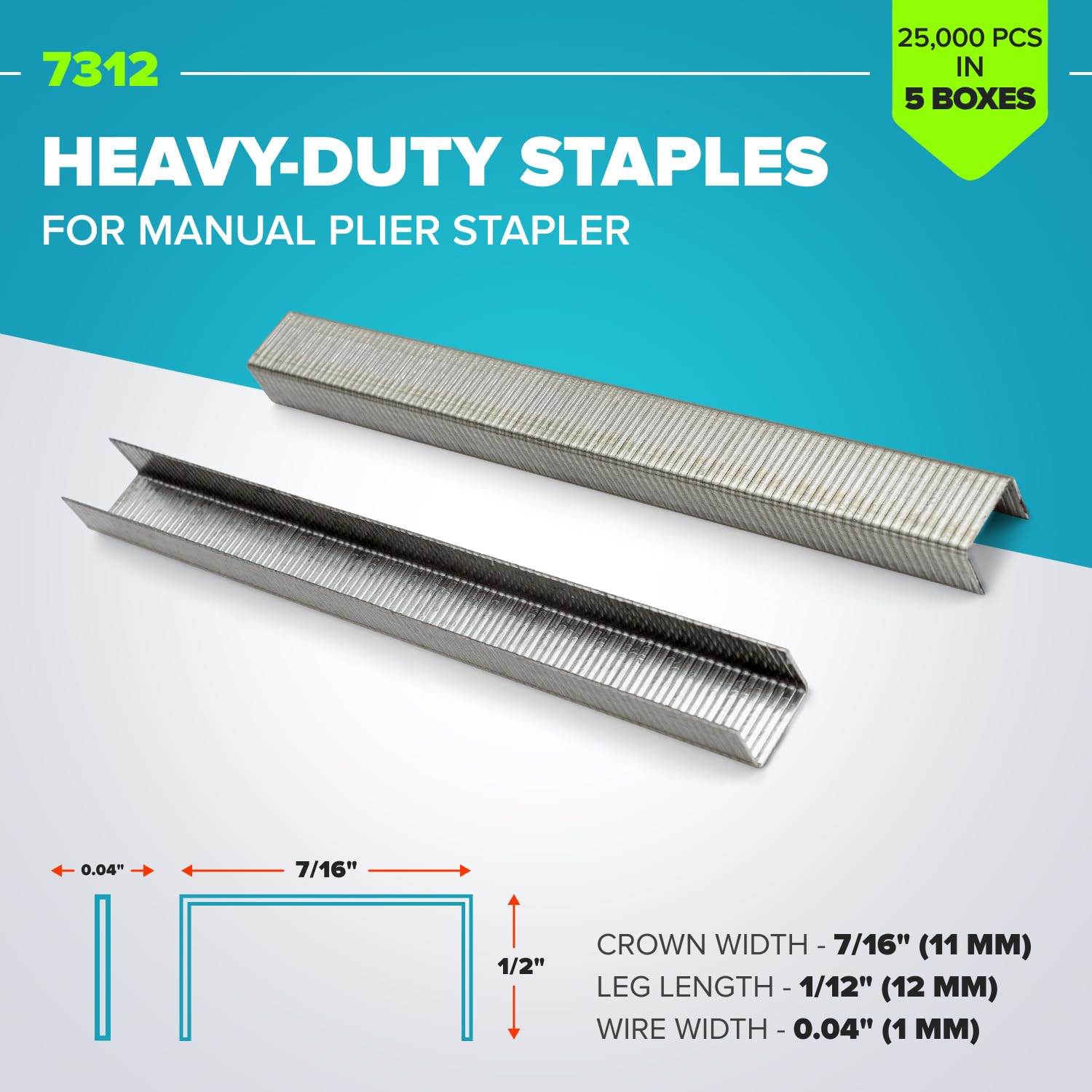 Grapas resistentes para alicates de grapado HSP-12, 7/16 x 1/12 x 0.04 pulgadas (5 cajas, 25000 piezas) - Grapas industriales duraderas y resistentes - Caja de grapas de acero inoxidable galvanizado