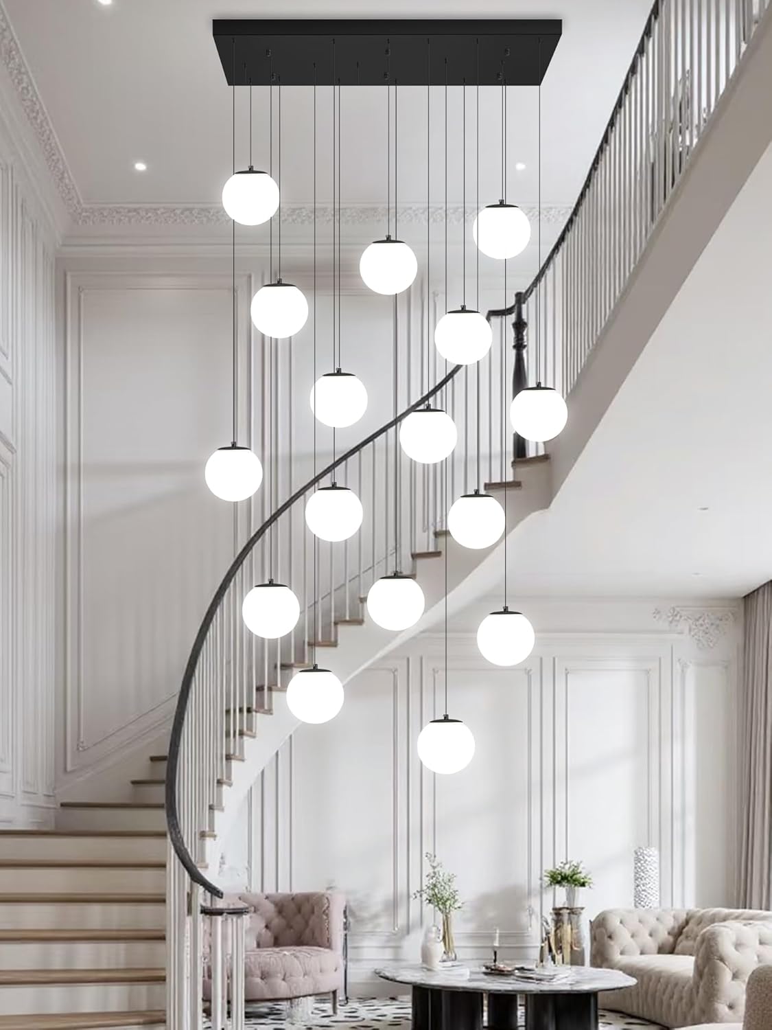 Modern Rectangular Chandelier,15 Lights White Globe Chandelier Lighting,Industrial Linear Pendant Light Fixture for Dining Living Room Kitchen Island