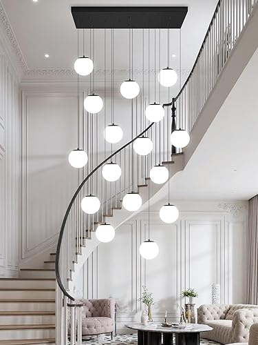 Miniatura 339 de Escalera LED de 10 luces LED moderna con globo de cristal, lámpara colgante grande para techos altos, accesorios de iluminación de entrada, villas y
