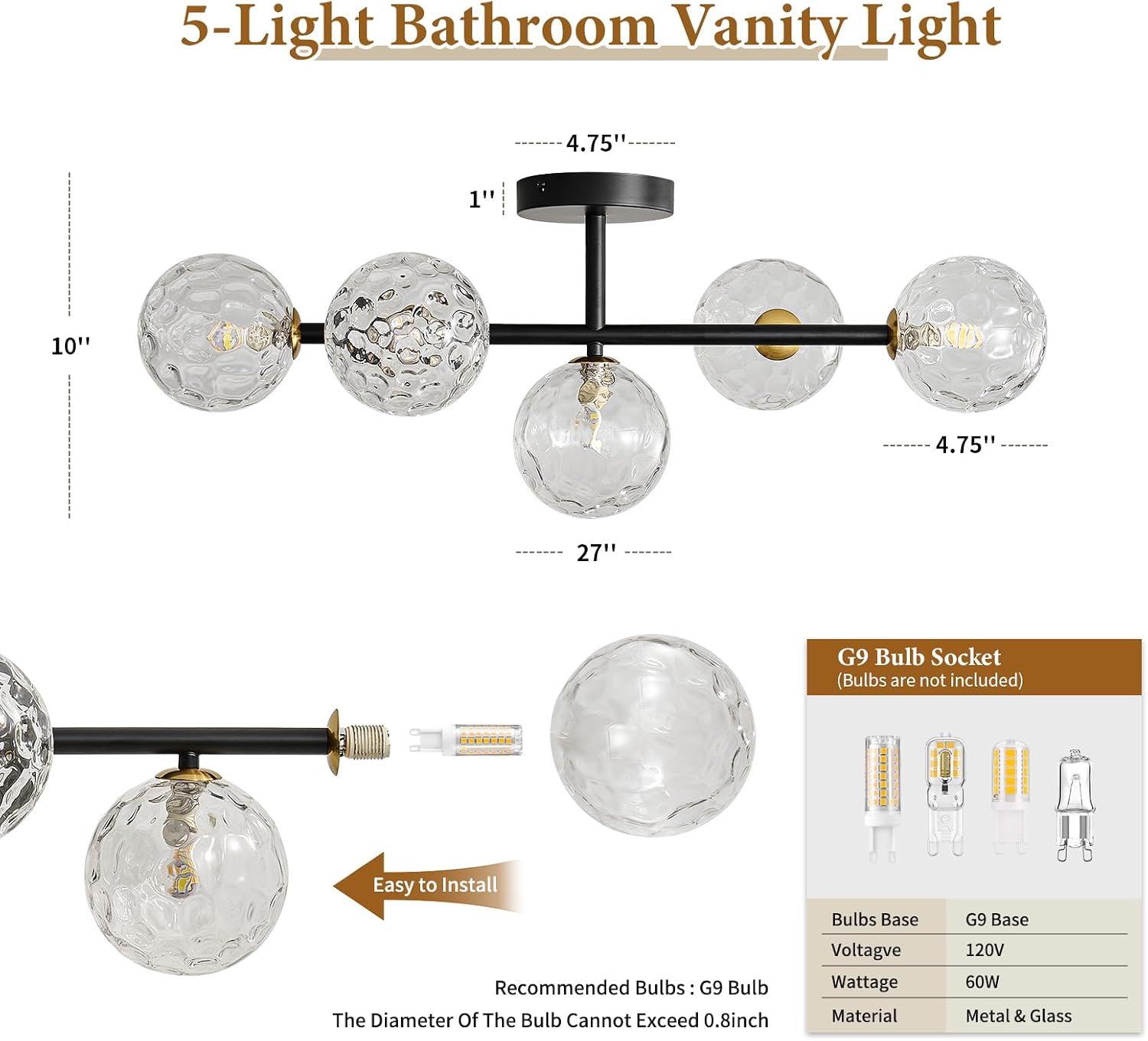 Bathroom Vanity Mirror Light Fixtures: Dimmable 5 Lights Bath Wall Sconce Lighting - Brass Black Vanity Lights with Hammered Clear Glass Shade - Modern Minimalist Makeup Light Above Mirror G9 Base