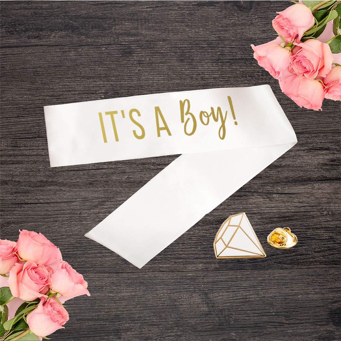 Andaz Press Baby Shower Party Sash, It's A Boy, Gold Foil Text, Satin White Ribbon, Includes Diamond Pin