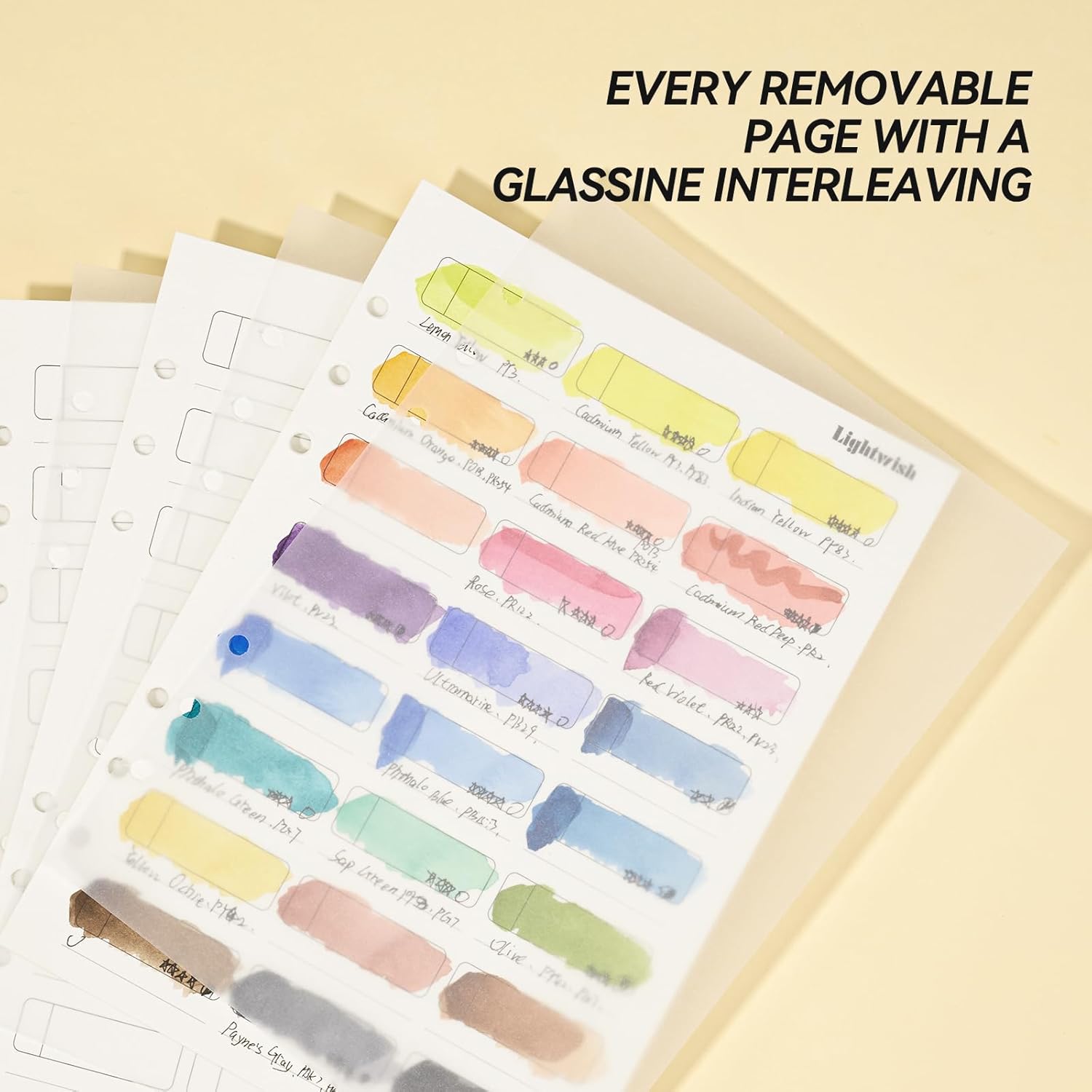 Lightwish Watercolor Swatch Paper Bulk - 100% Cotton Cold Press 300gsm/140lb, 2 Pack Total 40 Sheets 24 Spaces A5 Hole-Punched Replaceable Paper for Watercolor, Gouache, Oil Pastels,5.8 * 8.2 Inches