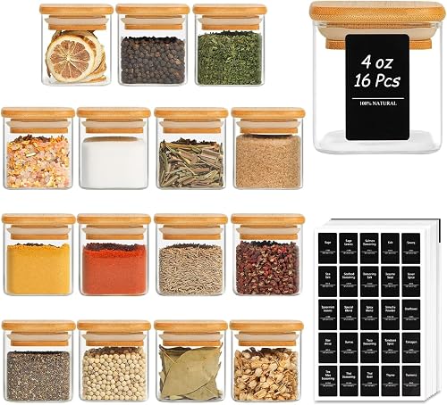 ComSaf 120ml Small Glass Spice Jars with Bamboo Lids & Labels, 16 Pack