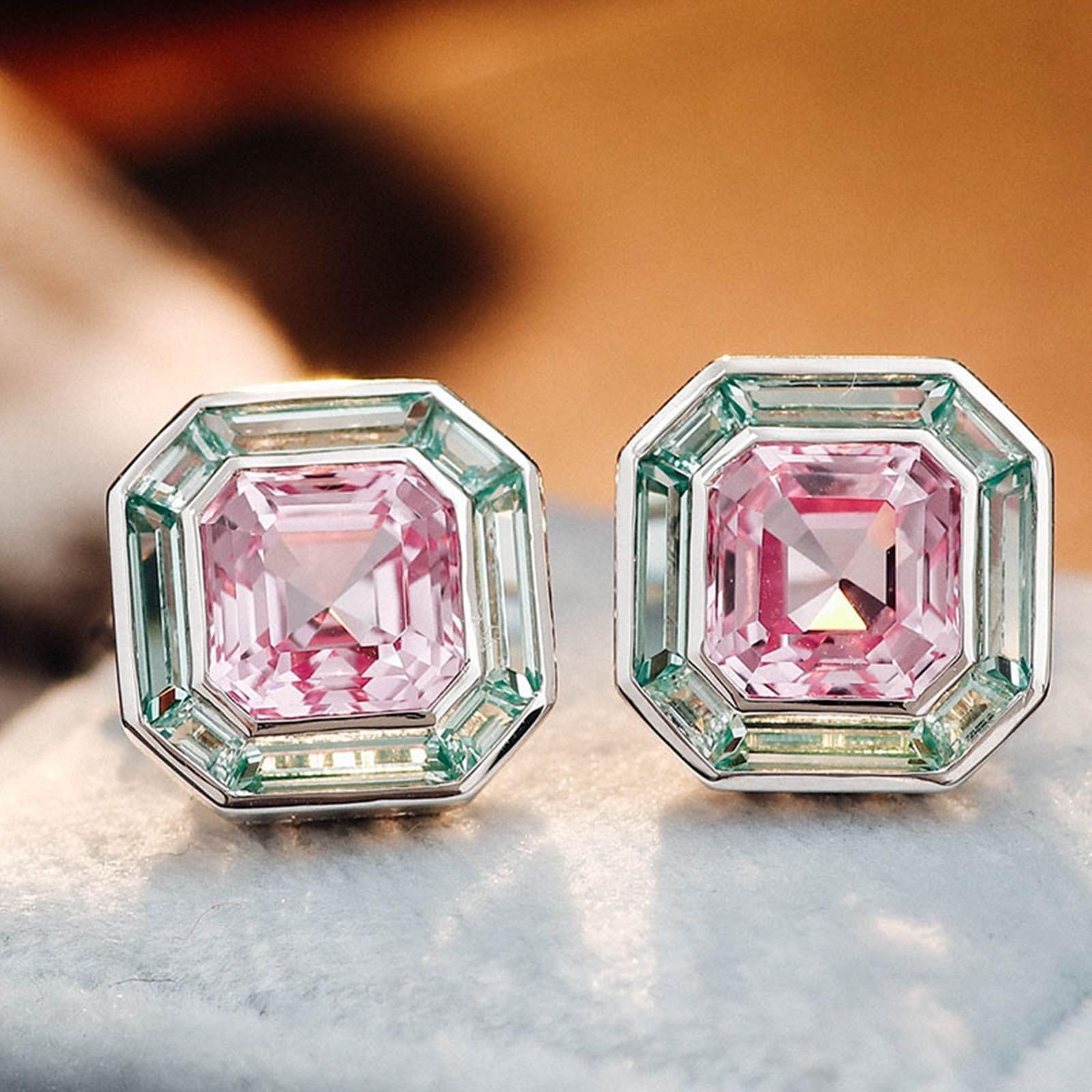 Pendientes Mujer con Zafiro Rosa y Verde Laboratorio, Oro Blanco 9K/14K/18K, Joyería Pendientes de Botón con Piedra