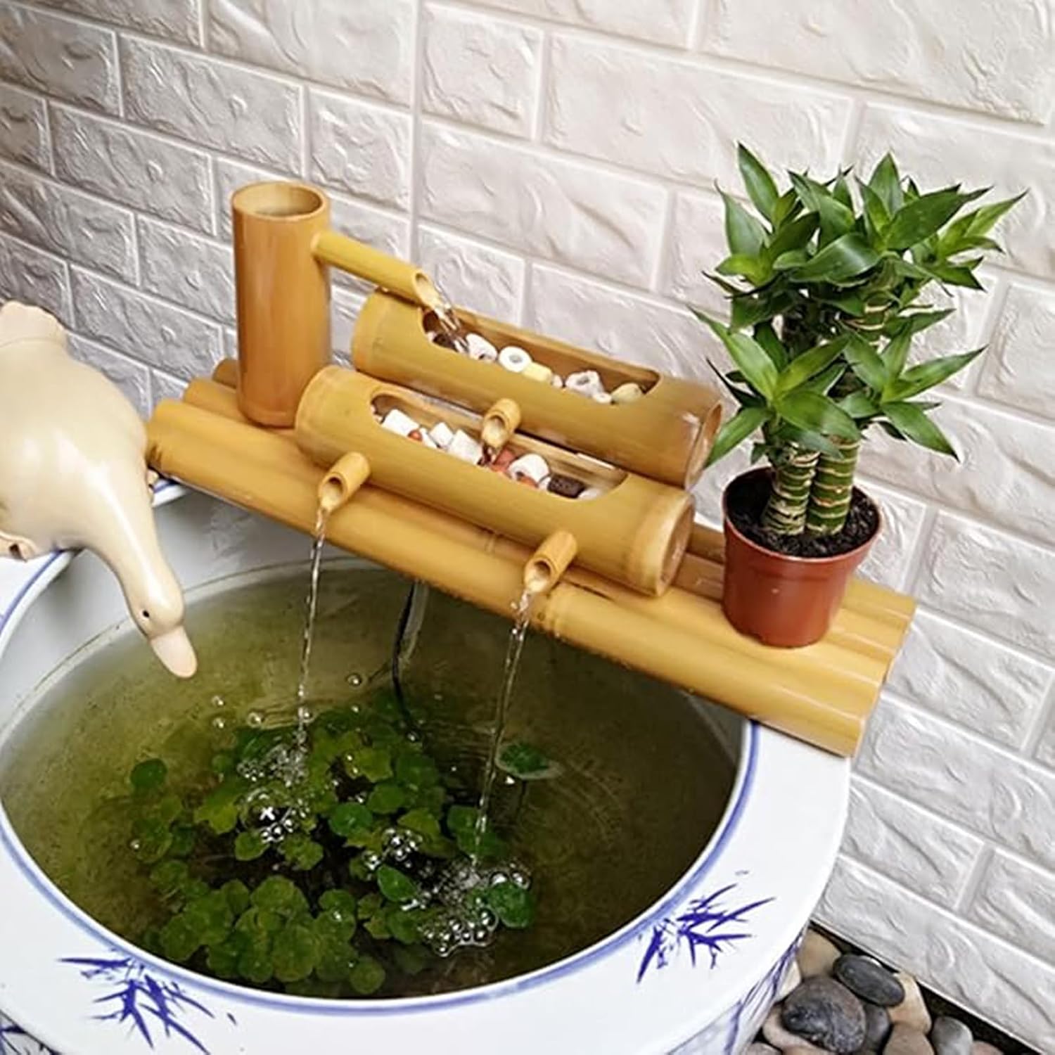 Natural Bamboo Water Fountain, Zen Garden Water Feature for Feng Shui Decor, Water Circulation Fountain, Outdoor Waterfall, for Ponds, Stone Troughs, Lawns, Fish Tank, 24in(60cm)
