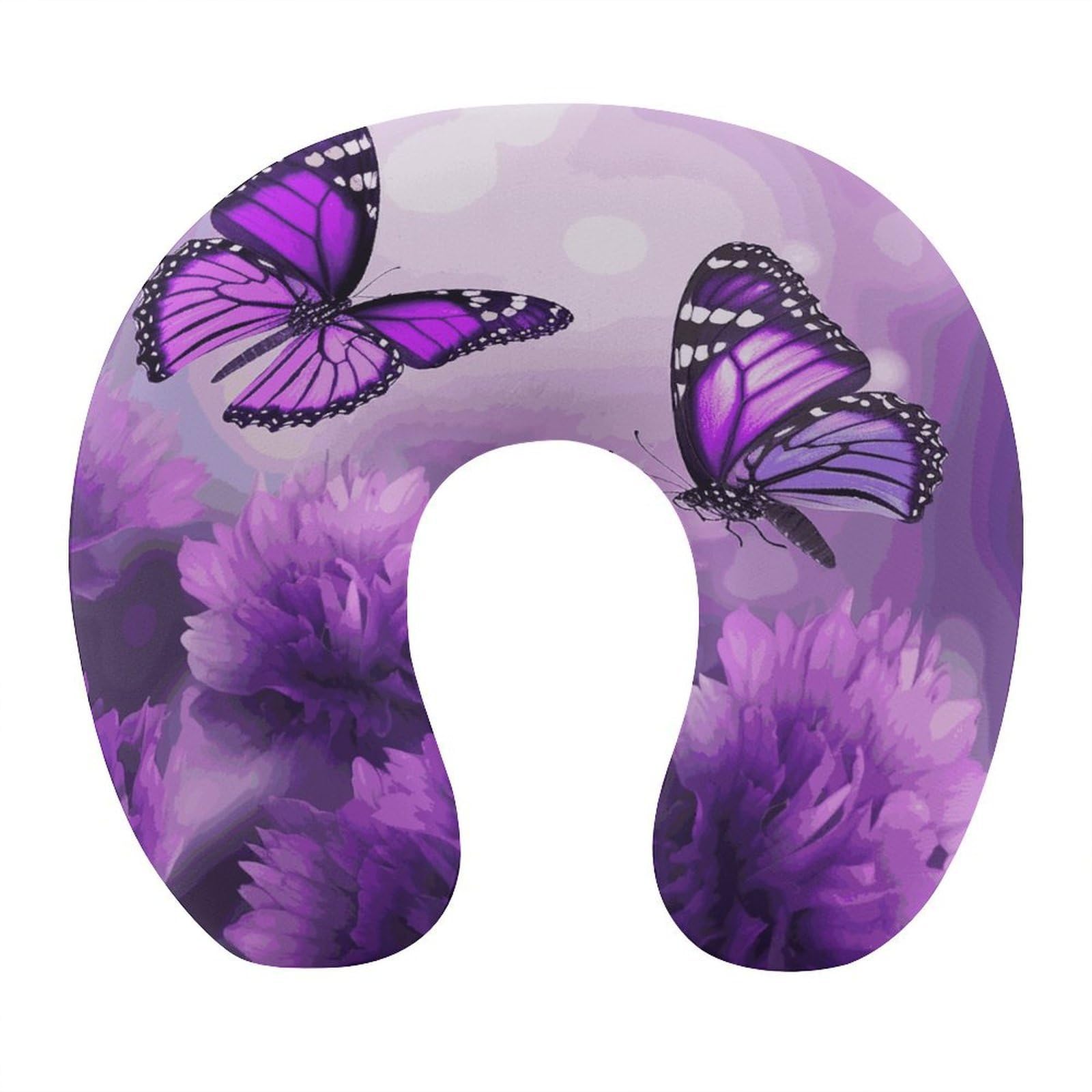 FekiLoot Purple Flower Butterflies Travel Pillow U Shaped Neck Pillow Comfortable Memory Foam Pillow Portable Soft Headrest Lightweight Neck and Head Support for Planes Trains Self-Driving Cars