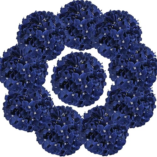 Flojery Cabezas de Flores de Hortensia de Seda Artificiales con Tallos para Decoración del Hogar y Bodas, Paquete de 10 (Azul Real)