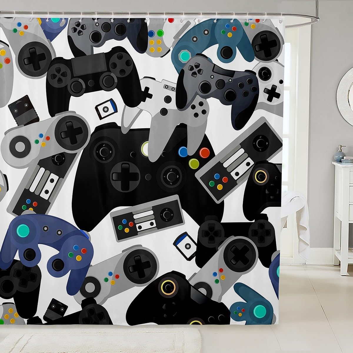 Castle Fairy Gamer Shower Curtains,Watercolor Gamepad Bath Curtain Kids Teen Boys Gaming Bath Curtain,Video Games Room Shower Curtain,with 12 Holes,Red Blue White Black 72" W x 84" L