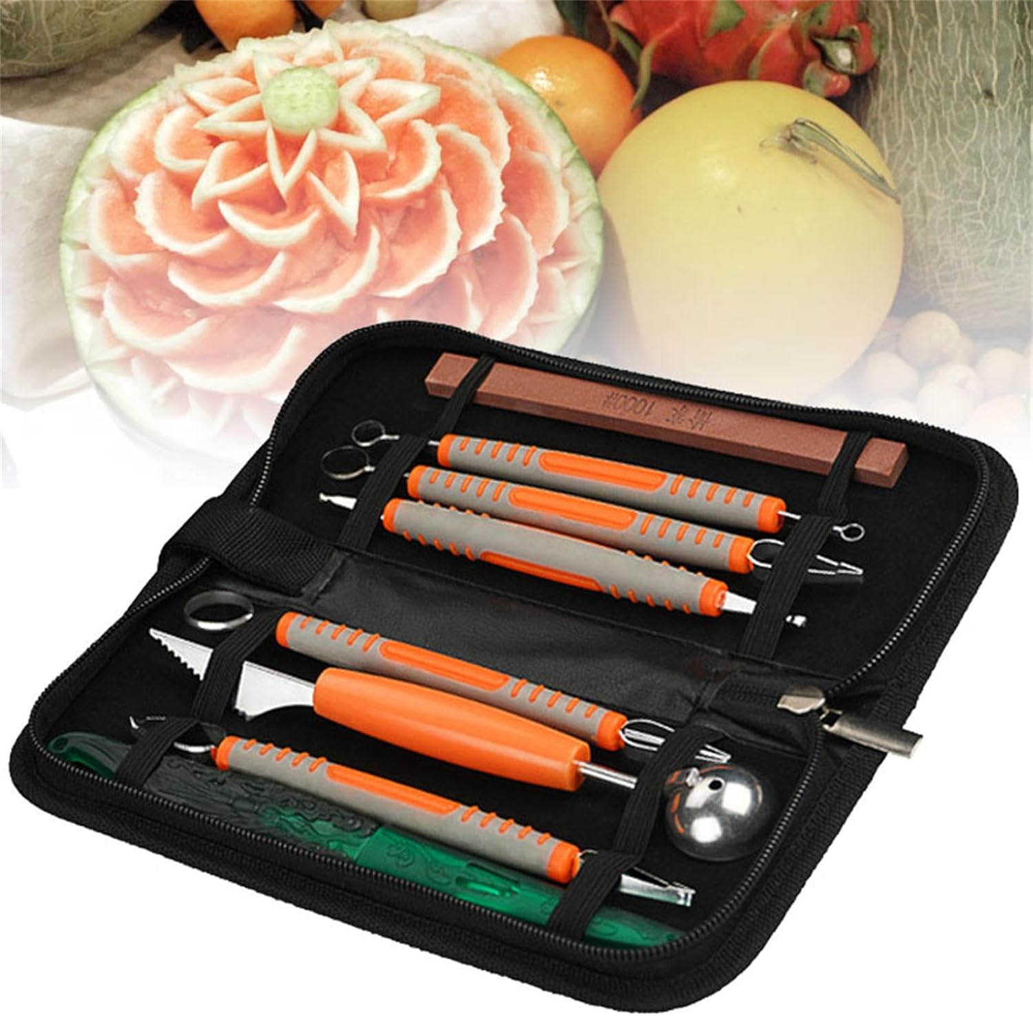 9 PCS Kitchen Carving Tool Set, Fruit Vegetable Garnishing Cutting Slicing Tools with Storage Bag, Kitchen Carving Tool for Restaurant, Hotel,Orange