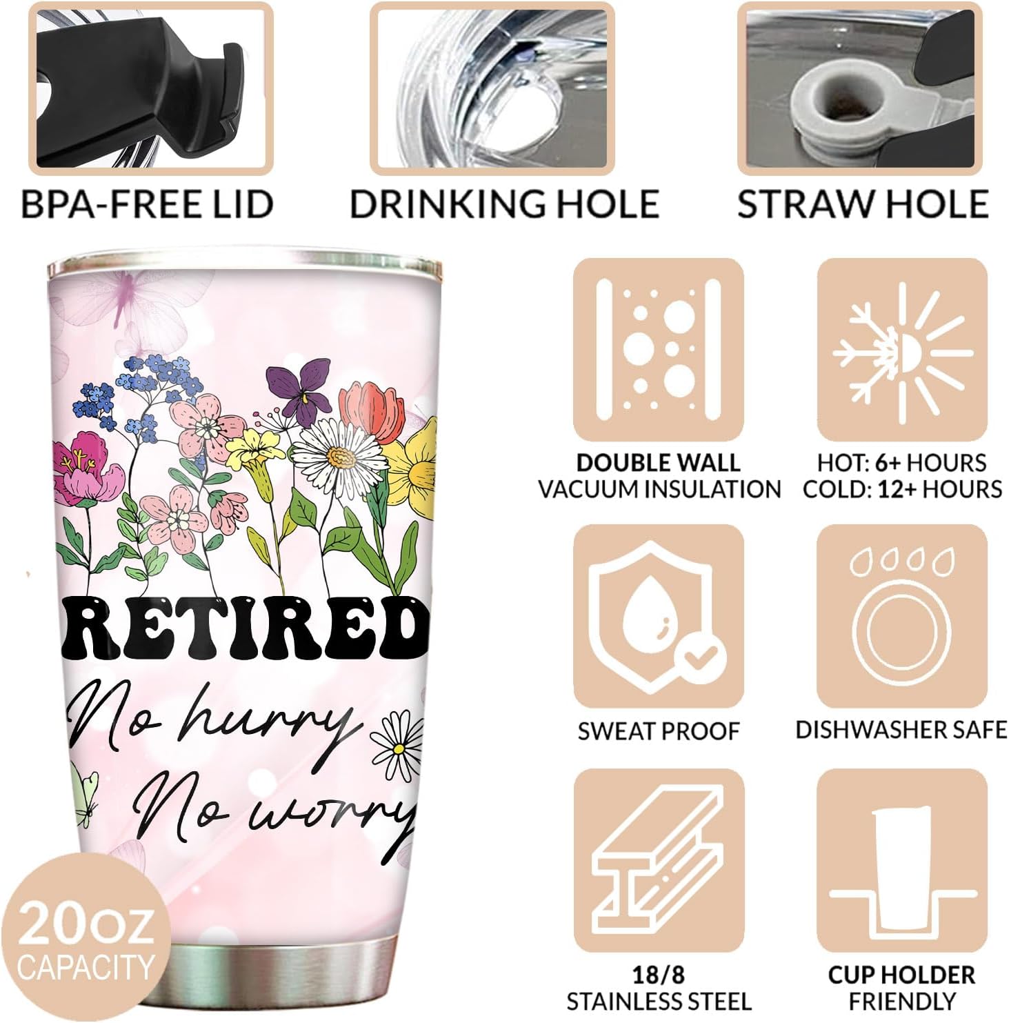 Retirement Gift For Woman - Tumbler Stainless Steel 20oz Straw and Lid, Funny Retired Gifts For Men Women, Happy Retirement Coffee Cups For Boss Staffs Coworker Work Friends - Image 3