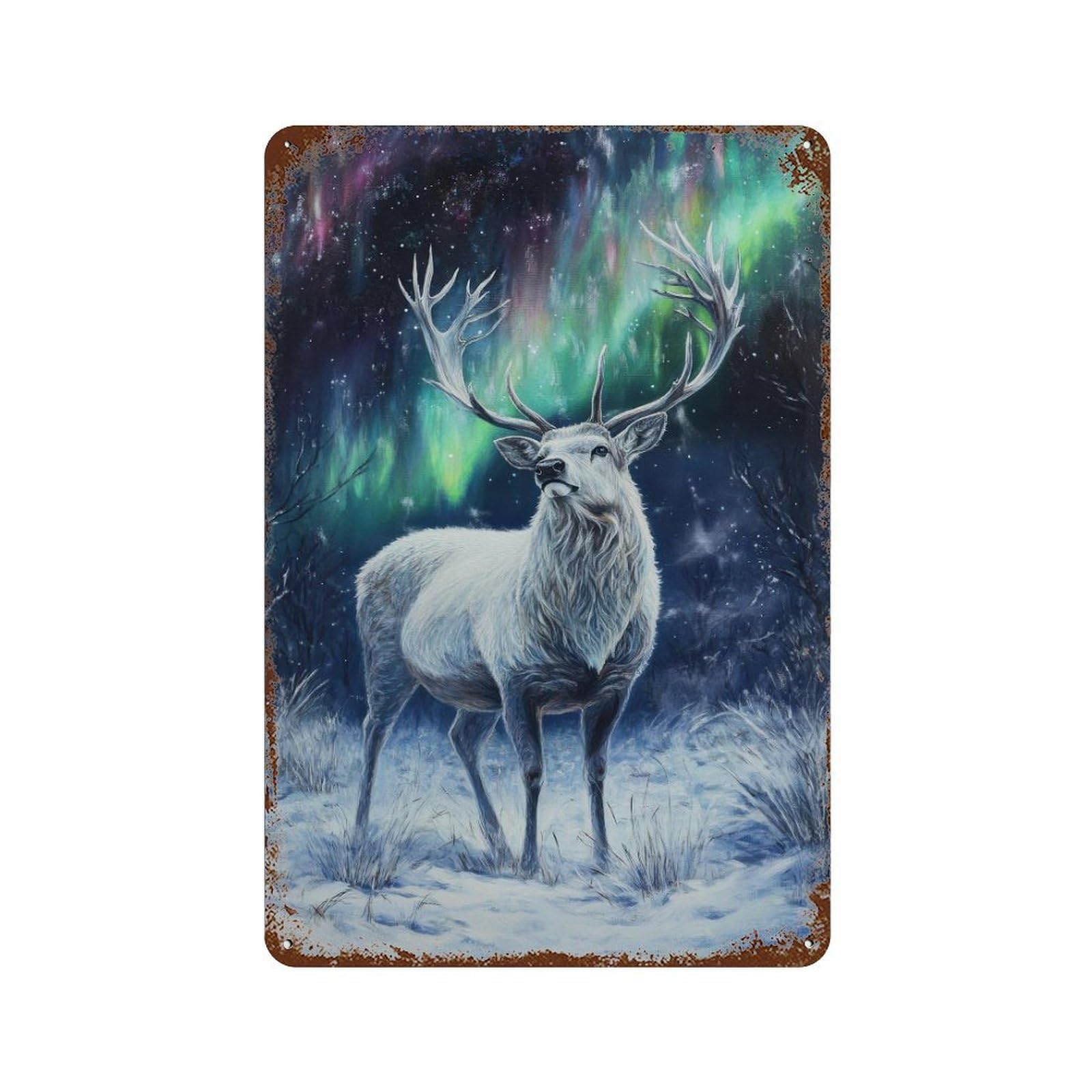 White Stag with Shimmering Antlers Cottagecore Decor Dark Academia Enchanted Wildlife Illustration Vintage Nature Wall Decor Art Metal Tin Poster Modern Home Decor Art Home Bar Shop Decorations Vinta