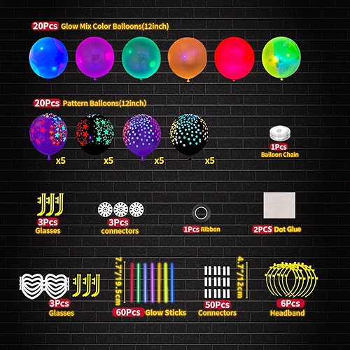 Miniatura 6 de Paquete de 173 suministros de fiesta de neón brillante, palillos brillantes, decoraciones de fiesta, juego de decoración reactiva con luz negra,