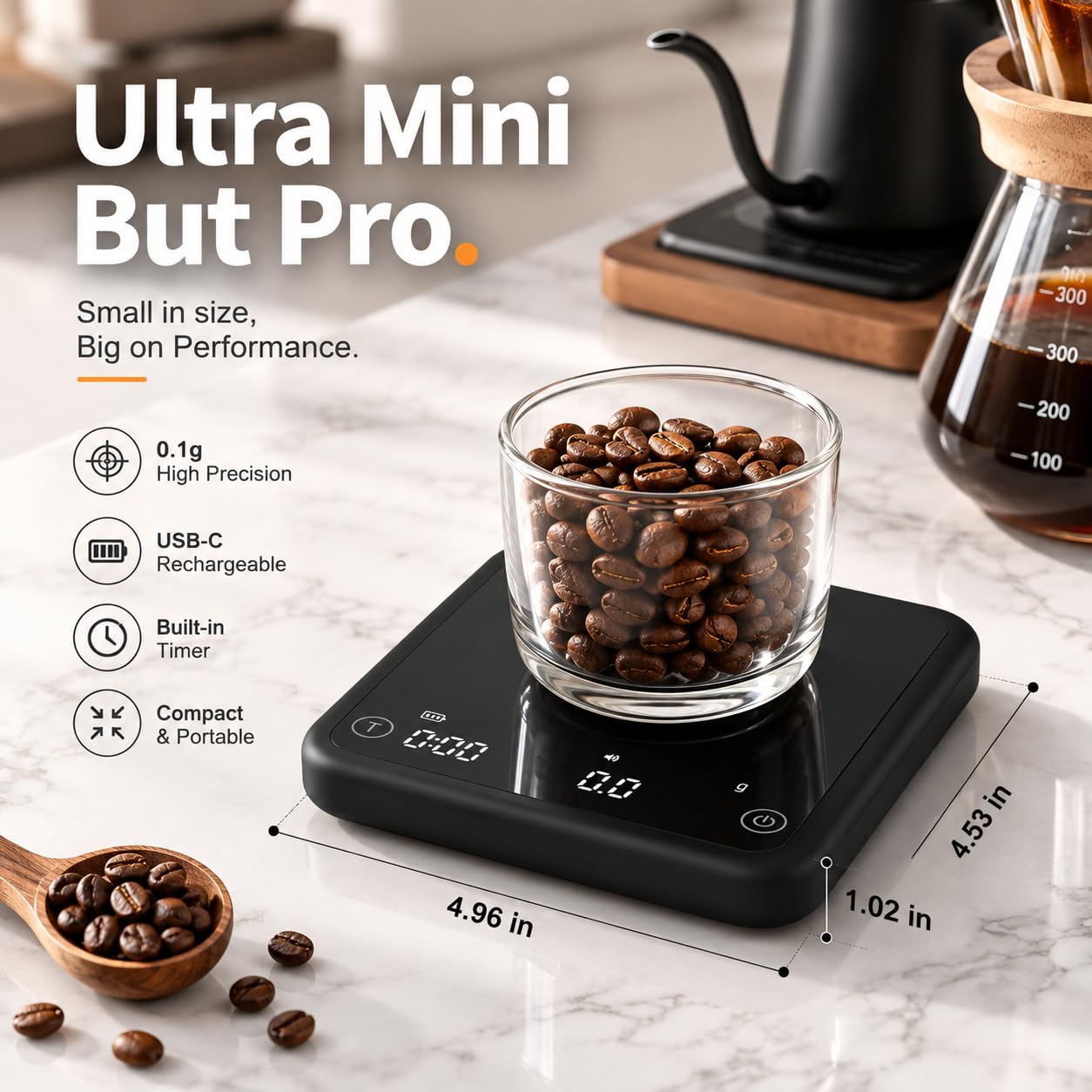 Coffee Scale, 0.1g High Accuracy Digital Coffee Scale, Stable Real-Time Reading, No Lag, No Drift for Espresso Pour Over Brewing