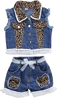 BULINGNA Little Kids Toddler Girl Denim Outfit Leopard Patchwork Button Up Sleeveless Jacket+Shorts with Pockets 2Pcs Clothes Price In India