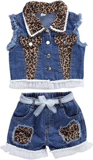 BULINGNA Little Kids Toddler Girl Denim Outfit Leopard Patchwork Button Up Sleeveless Jacket+Shorts with Pockets 2Pcs Clothes