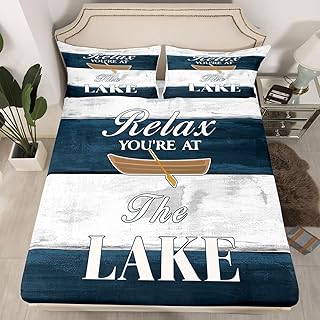 Lake Life Fitted Sheet Full Size Kids Lake House Bedding Set for Boys Teens Camping Rustic Wooden Bed Sheet Set Breathable Paddle Bed Cover Room Decor Farmhouse Decor