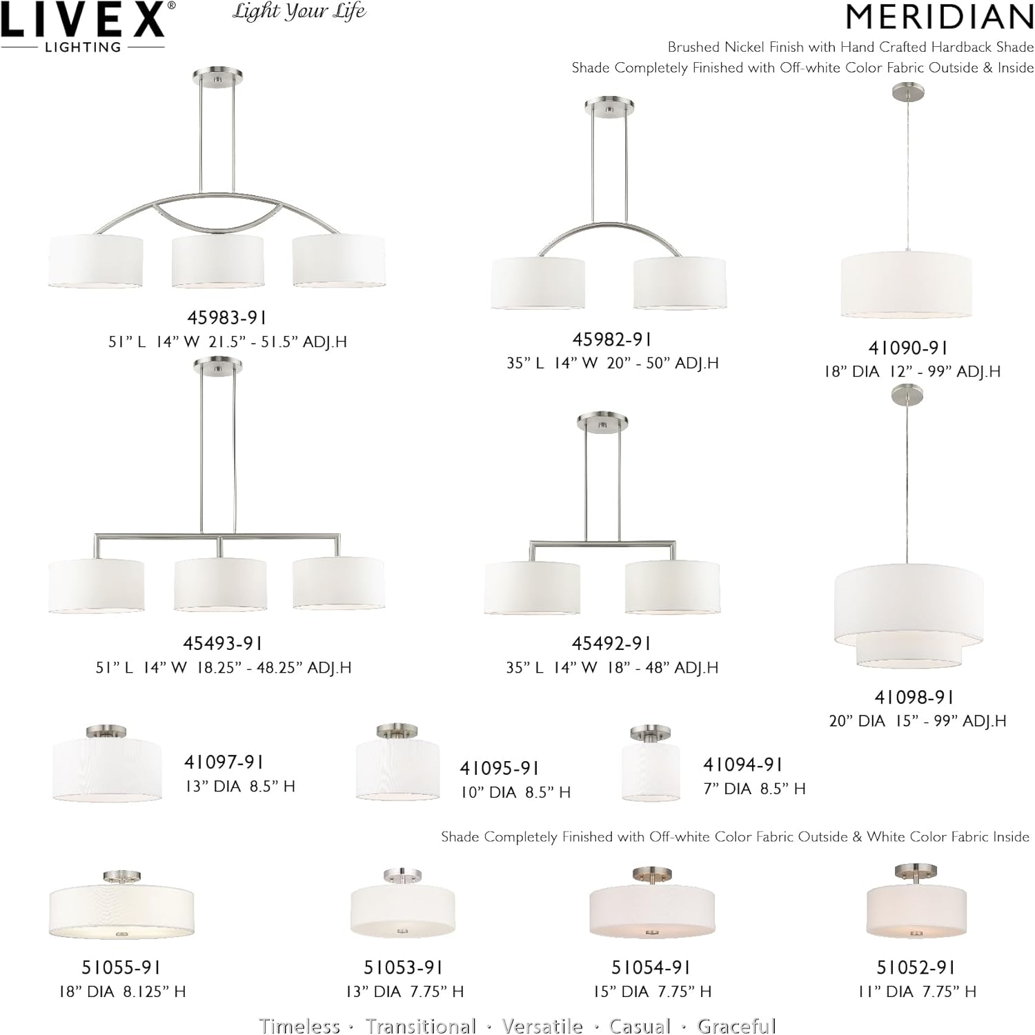 Livex Lighting 51055-91 Meridian Collection 4-Light Semi Flush Mount Ceiling Fixture with Off-White Fabric Hardback Drum Shade, Brushed Nickel