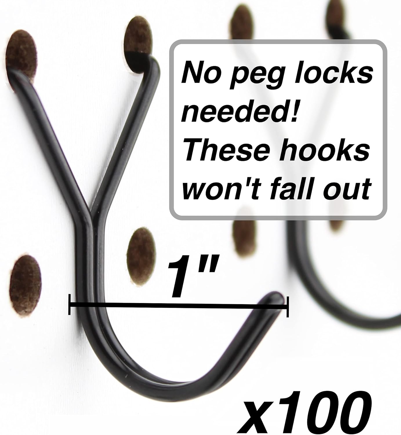 Steel Pegboard Hooks 100-Pack 1in J-Hook, Black - Will Not Fall Out - Fits Any Peg Board - Multipurpose - Organize Necklaces, Jewelry, Retail Items, Keys, Craft or Supplies