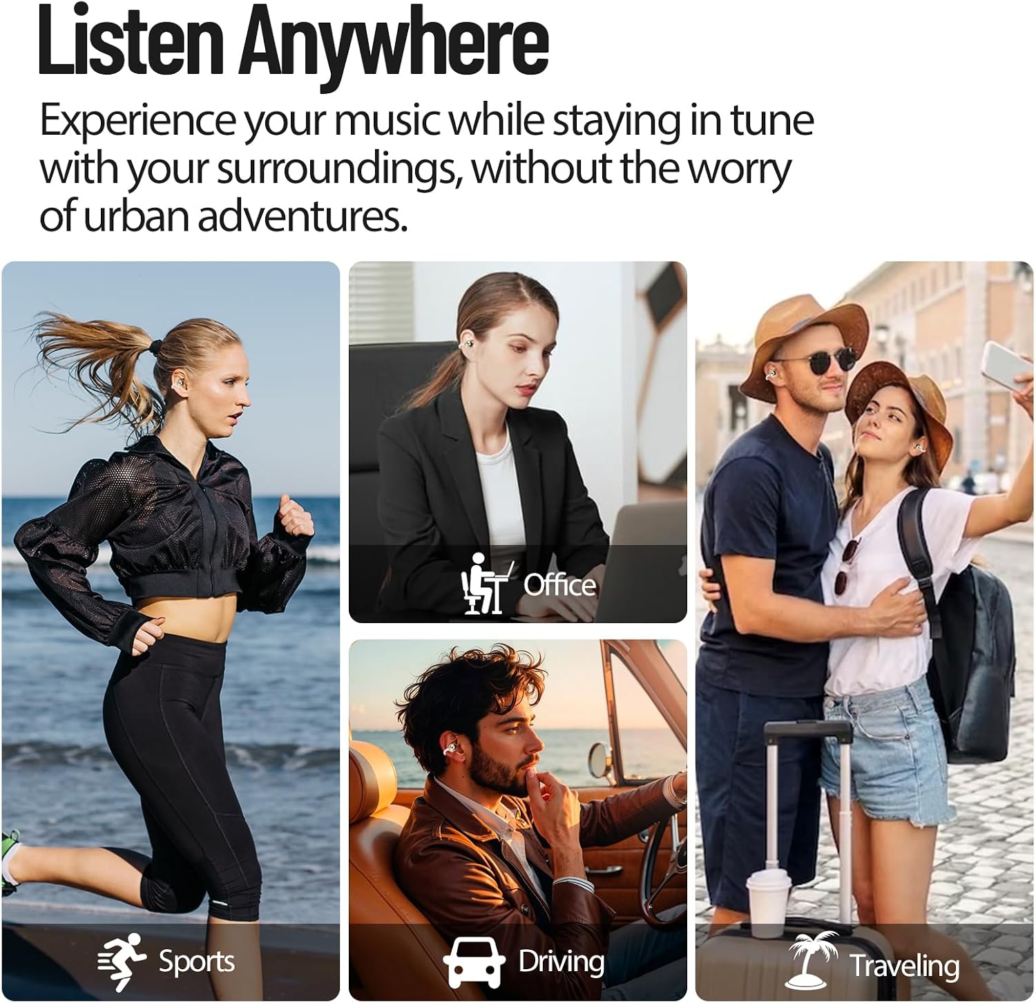 People using headphones in various settings: sports, office, driving, traveling