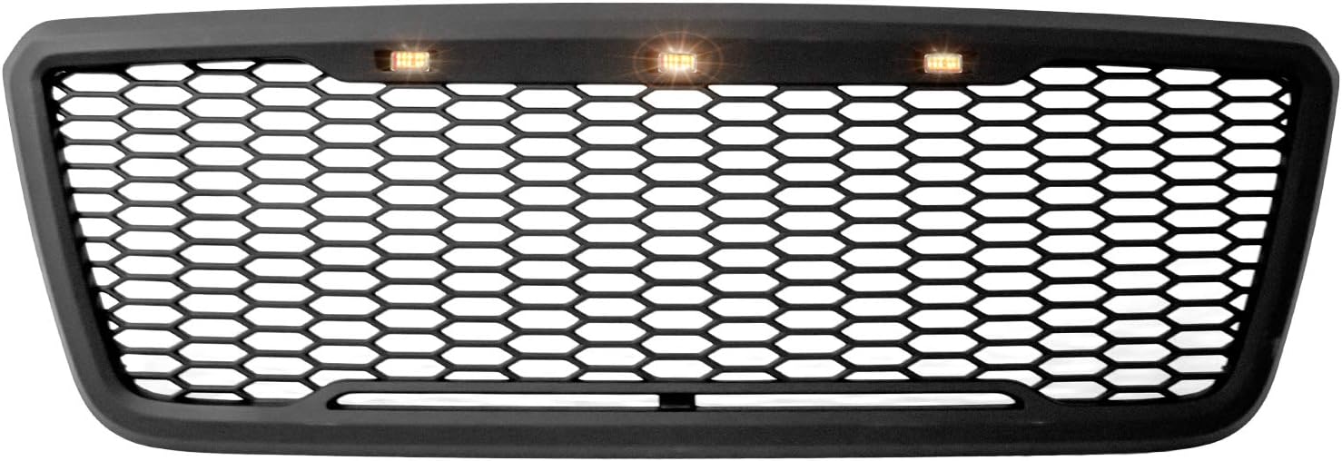 Complete Factory Replacement Grille Shell for 04-08 F-150 Ford All Matte Black Grille w/3x Amber LED