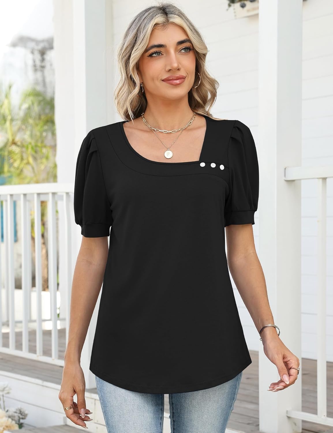 Lomon Womens Short Sleeve T Shirts Asymmetrical Neck Tops Business Blouses for Women Fashion 2026 - Image 2